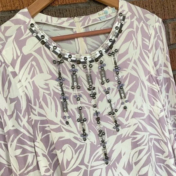 Boden, Beaded V-Neck Leaf Print Blouse - Picture 3 of 9